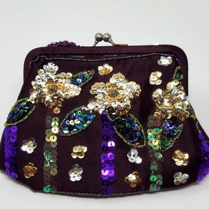 Beautiful Embellished Sequined & Beaded Handbag Clutch Peacock Colors Snap Close